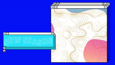 Animation-Des-Neuen-Saisontextes-Und-Der-Konturlinien-Auf-Fenstern-Mit-Eieruhr-über-Blauem-Computer-Desktop