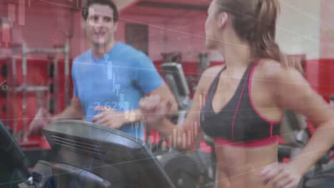 Animation-of-financial-data-processing-over-caucasian-couple-exercising-on-gym