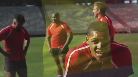 Animation-Der-Belgischen-Flagge-über-Verschiedenen-Männlichen-Rugbyspielern,-Die-Sich-Im-Stadion-Ausruhen