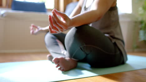 Mujer-Birracial-Senior-Enfocada-Meditando-En-Una-Estera-De-Yoga-En-Casa