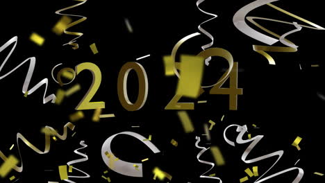 Animation-of-2024-party-streamers-and-confetti-on-black-background