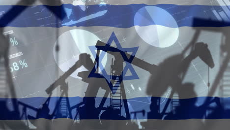 Animation-of-oil-rigs-and-financial-data-processing-over-flag-of-israel