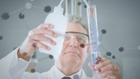Animation-of-chemical-molecules-over-caucasian-male-scientist-taking-sample-in-lab