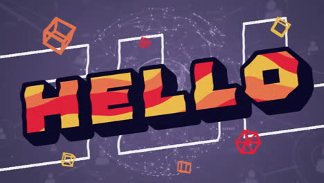 Animation-of-hello-text-over-neon-pattern-background