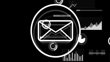 Animation-of-financial-data-processing-and-email-icon-over-black-background