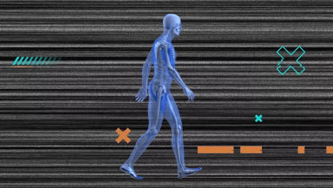 Animation-Von-Formen-Und-Digitalem-Menschlichen-Skelett,-Das-über-Linien-Auf-Schwarzem-Hintergrund-Läuft