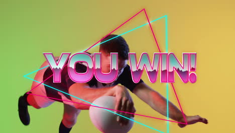 Animation-Von-„You-Win“-Text-über-Neonfarbenem-Muster-Eines-Kaukasischen-Rugbyspielers