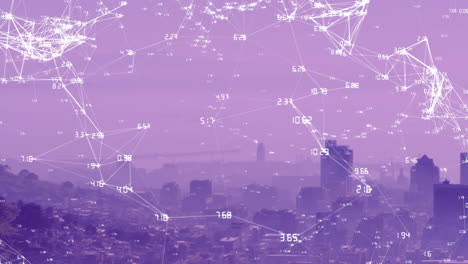 Animation-of-numbers-around-connected-icons-over-aerial-view-of-modern-city-against-sky