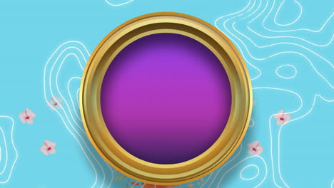 Animation-Eines-Violetten-Kreises-In-Einem-Goldenen-Rahmen,-Der-Sich-Auf-Einem-Gemusterten-Blauen-Hintergrund-Dreht
