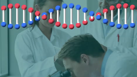 Animation-of-dna-strand-over-diverse-scientists-working-in-lab