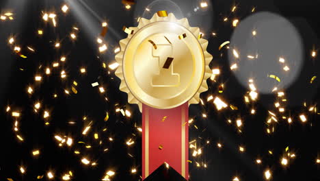 Animation-of-gold-medal-and-confetti-floating-on-black-background