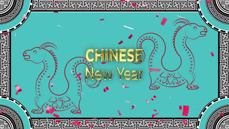 Animation-of-chinese-new-year-text-over-dragons-and-chinese-pattern-on-green-background