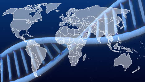 Animation-of-dna-strand-over-world-map-on-blue-background
