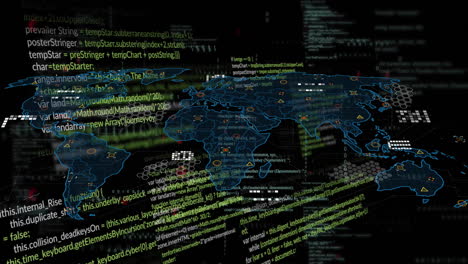 Animation-of-computer-language,-binary-codes-and-map-over-black-background