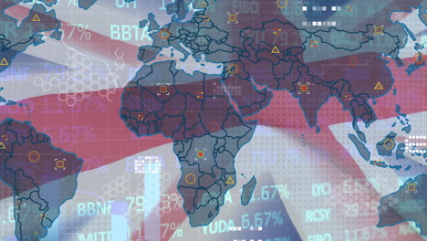 Animation-Der-Verarbeitung-Finanzieller-Daten-Mit-Weltkarte-über-Der-Flagge-Des-Vereinigten-Königreichs