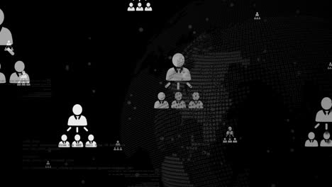 Animation-Der-Finanzdatenverarbeitung-Mit-Globus-Und-Geschäftssymbolen-Auf-Schwarzem-Hintergrund