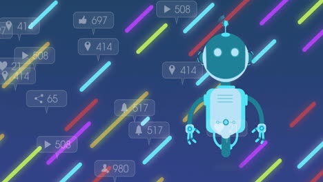 Animation-of-robot,-multiple-notification-bars-over-multicolored-lines-against-abstract-background