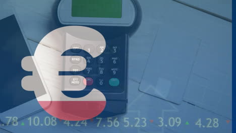 Animation-of-euro-sign-and-financial-data-processing-over-payment-terminal