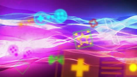 Animation-Von-Videospielsymbolen-Und-Neonmuster-Auf-Violettem-Hintergrund