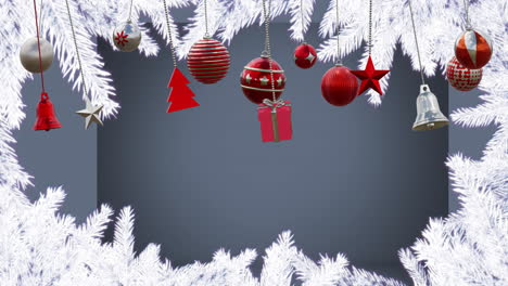 Animation-of-hanging-baubles,-bells,-gift-box,-bells,-snow-covered-pine-leave-on-gray-background