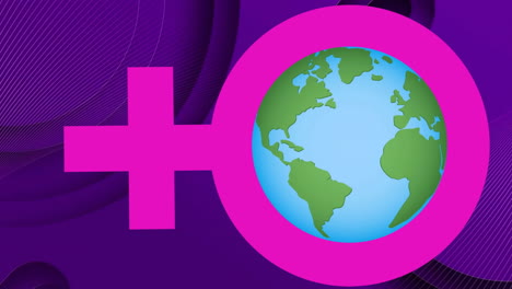 Animation-Eines-Weiblichen-Rosa-Kreiszeichens-Und-Globus-Auf-Violettem-Hintergrund