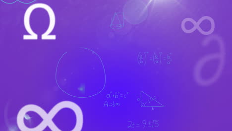 Animation-of-symbols-over-mathematical-equations-on-purple-background