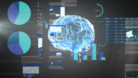 Animation-of-financial-data-processing-over-digital-brain-on-black-background