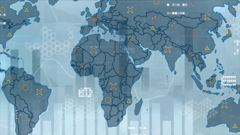 Animation-of-world-map-over-financial-data-processing-on-blue-background