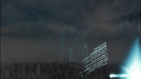 Animation-of-computer-language,-graphs-and-loading-bars-over-modern-cityscape-against-cloudy-sky
