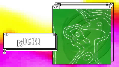 Animation-Von-Kick-Text-Und-Konturlinien-Auf-Fenstern-Mit-Eieruhr-über-Einem-Farbenfrohen-Computer-Desktop