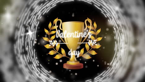 Animation-of-valentine's-day-text-over-gold-cup-and-white-circular-shapes-on-black-background