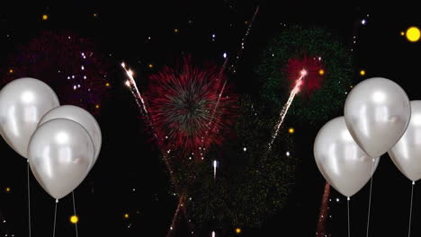 Animation-Von-Silbernen-Ballons-Mit-Feuerwerk-Auf-Schwarzem-Hintergrund