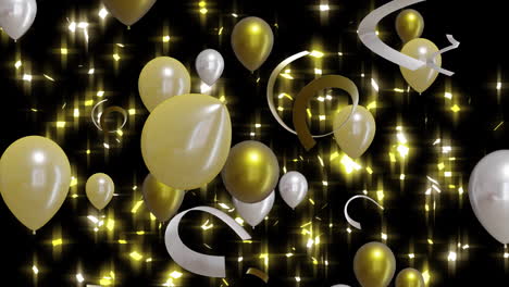 Animation-Von-Goldenen-Und-Silbernen-Luftballons-Mit-Leuchtenden-Punkten-Auf-Schwarzem-Hintergrund