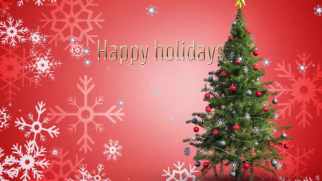 Animation-of-happy-holidays-text-over-christmas-tree-in-winter-scenery