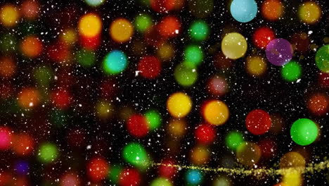 Animation-of-snow-falling,-christmas-glowing-lights-with-spots-of-light-on-black-background