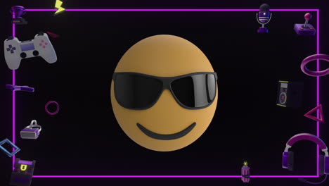 Animation-Von-Gaming-Symbolen-Und-Emoji-Auf-Schwarzem-Hintergrund