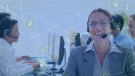Animation-of-connected-icons,-smiling-caucasian-female-call-center-agent-guiding-customer