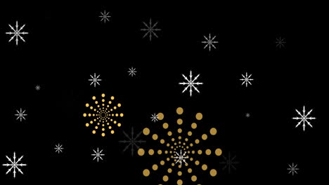 Animation-of-snowflakes-and-fireworks-on-black-background-at-christmas