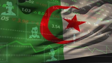 Animation-of-digital-profiles,-graph-and-data-processing-over-flag-of-algeria