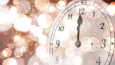 Animation-of-clock-showing-midnight-and-fireworks-exploding-with-spots-of-light-background