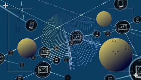 Animation-of-network-of-computers-and-smartphones,-with-yellow-circles-and-data-processing-on-blue