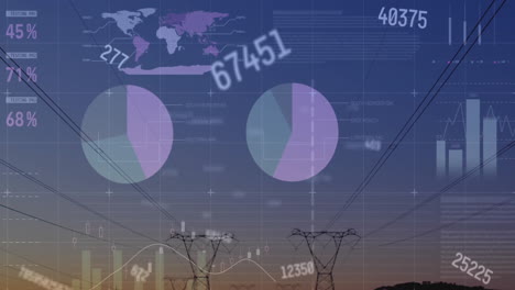 Animation-of-financial-data-processing-over-electricity-pylons-on-field