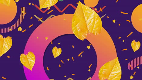Animation-of-falling-leaves-and-colourful-shapes-on-purple-background
