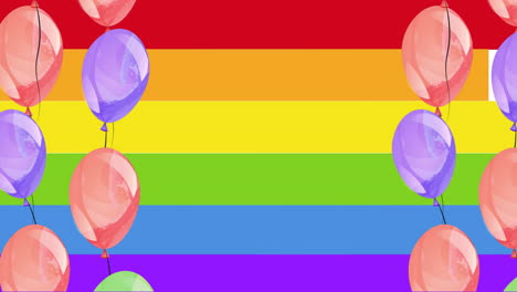 Animation-of-pride-text-with-unicorn-in-rainbow-circle-over-colourful-balloons-on-rainbow-background