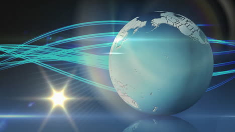 Animation-Von-Blauen-Lichtspuren-über-Dem-Globus-Auf-Blauem-Hintergrund