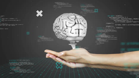 Animation-Des-Menschlichen-Gehirns-Mit-Frauenhand-Und-Datenverarbeitung-Auf-Dunklem-Hintergrund