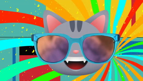 Animation-of-cat-and-sunglasses-vibrant-lines-pattern-over-green-background
