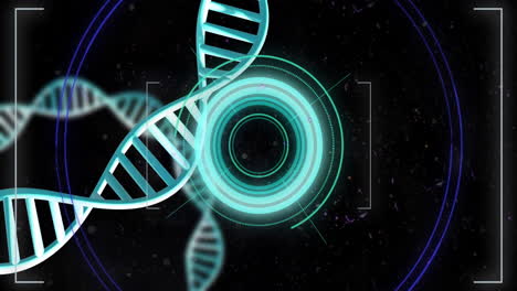 Animation-of-dna-strands-spinning-with-data-processing-over-black-background