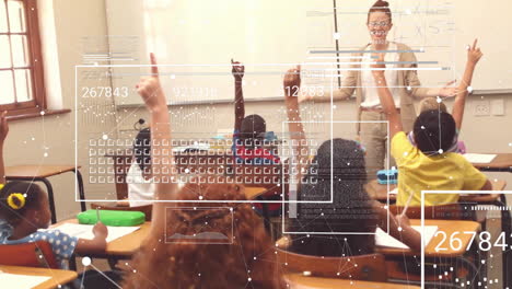 Animation-of-graphs,-connected-dots-and-loading-bars,-diverse-students-raising-hands-in-classroom