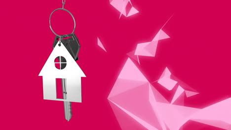 Animation-of-key-with-house-keychain-over-shapes-on-red-background